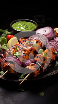 Flavorful charmers Indian chicken tikka kebabs, roasted, accompanied by chutney and onions