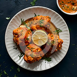 Flavorful chicken malai boti served with lemon on a dish