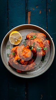 Flavorful chicken malai boti served with lemon on a dish