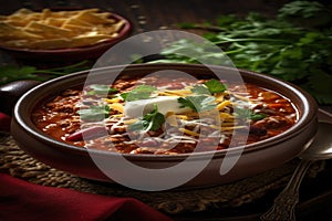 Flavorful chili con carne, garnished, sour cream, cheese, cilantro, satisfying meal, generative AI