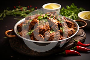 Flavorful presentation Dry spicy Murgh or goat meat in plate