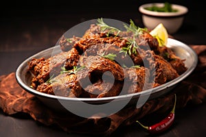 Flavorful presentation Dry spicy Murgh or goat meat in plate