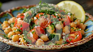 flavorful salad with chickpeas, cucumber, tomatoes, parsley, and a lemon dressing
