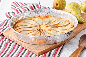 Flavorous rustic open pie pear cheese cinnamon and almond