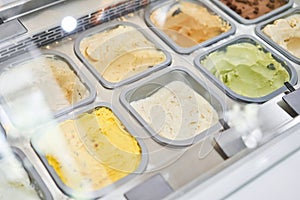 Flavors various ice cream in Rome, Italy. A variety of sugar-free vegan ice cream with natural ingredients on display at