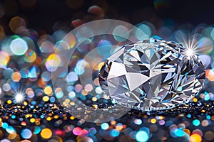 Flawless diamond close up showcasing cut, color, carat weight against dark backdrop photo