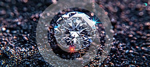 Flawless diamond close up showcasing cut, color, carat weight against dark background photo