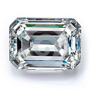 A flawless emerald-cut diamond with a rectangular shape and step-cut facets, isolated on white