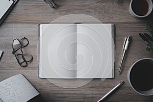 Open Notebook on Wooden Desk with Coffee and Glasses