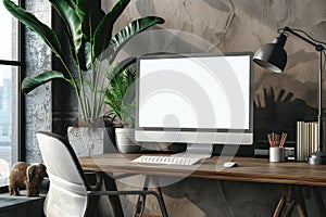 Modern Home Office with Blank Computer Screen and Plants