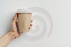 Flawless Visual of a Paper Cup of Coffee in the Handisolated on Colored White Background