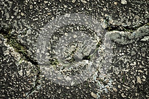 Flaws and defects give to weakness shown by cracked pavement. Imperfections and rough asphalt. rock