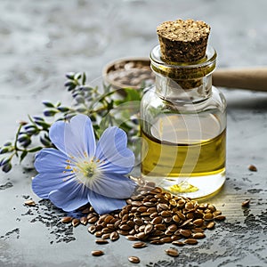 Flax oil with flax flower and seed