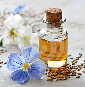 Flax oil with flax flower and seed