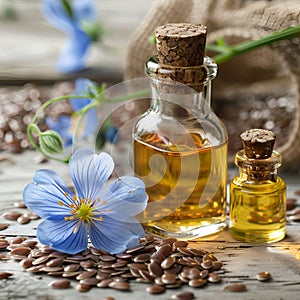 Flax oil with flax flower and seed o