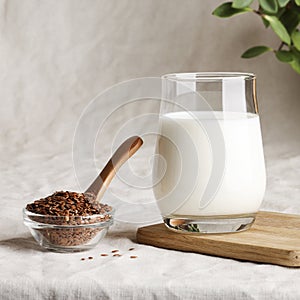 flax seed milk in glass on textile background with plant. copy space.