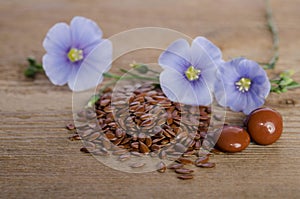 Flax seeds , beauty flower and pills on woooden background