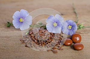 Flax seeds, beauty flower and pills on woooden background