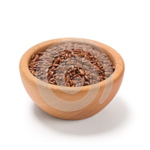 Flax seeds, Linseed, Lin seeds close-up brown flax seed or linseed in a wooden bowl, isolated on white.