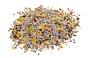 Flax seeds, sunflower seeds, sesame, chia and pumpkin seeds on white background