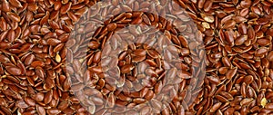 Flaxseed Culinary  background. Flax seed close-up. Linseeds. Vegan and vegetarian cuisine. Top view, selective focus, banner, long