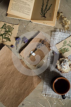 Flay lay, top view of the herbarium, dried lavender flowers, notebook, book for notes, pen and spring summer pictures on a concret