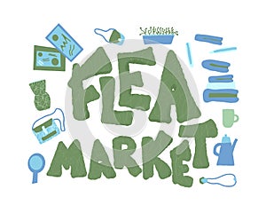 Flea market emblem. Text and hand drawn decor