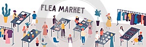 Flea market flat vector illustration. Sellers and customers faceless characters. Rag fair items buying. Swap meet. Cheap