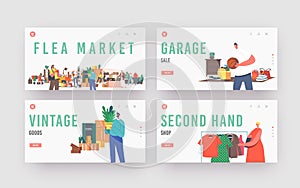 Flea Market Landing Page Template Set. Characters Shopping Antique Things. Garage Sale, Outdoor Retro Bazaar