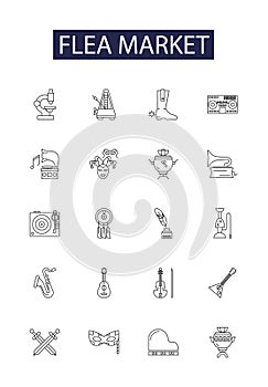 Flea market line vector icons and signs. Market, Shopping, Marketplace, Bargains, Deals, Sellers, Goods, Buyers outline photo