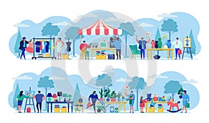 Flea market with people selling old secondhand stuffs at market fair shops flat vector illustration.