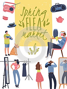 Flea market poster. Fashionable shopping second hand stylish goods clothes swap meet bazaar. Fleas market background photo