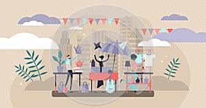 Flea market vector illustration. Flat tiny swap meet event persons concept.