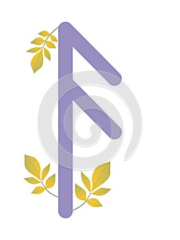 Fleece Scandinavia. Vector illustration of the rune Ansuz. Symbol letters Futhark. Spiritual esoteric. Fleece with leaves