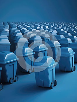 A fleet of blue bins lined up in a row like toy soldiers.. AI generation