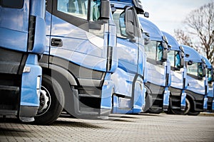 Fleet of commercial lorry trucks in row. Logistics and transportation service