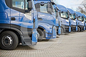 Fleet of commercial lorry trucks in row. Logistics and transportation service