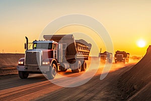 fleet of Dump Trucks working on a massive construction project at sunrise, hauling dirt and gravel to and from the site,