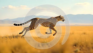 A fleet-footed cheetah with a lithe, dynamic build sprinting across an expansive plain photo