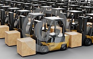 Fleet of Forklifts with Wooden Boxes on White Background. 3D Rendered