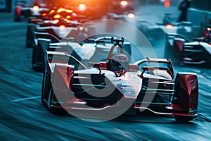 A fleet of high-speed race cars zooming down a race track, showcasing their power and agility, An electric car racing competition