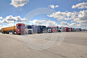 Fleet of lorries with trailer in courtyard of logistics terminal