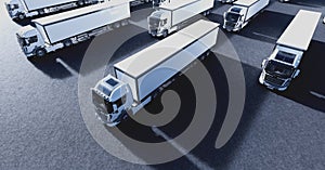 Fleet of new heavy trucks. Transportation, shipping industry