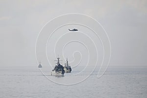 Fleet of the Russian Navy shooting target aircraft and ships at the Black Sea in the waters off southern coast of Ukraine.