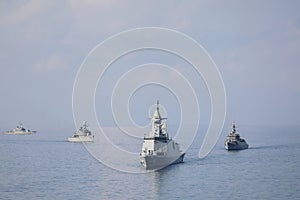 Fleet of the Russian Navy shooting target aircraft and ships at the Black Sea in the waters off the southern coast of Ukraine.