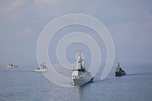 Fleet of the Russian Navy shooting target aircraft and ships at the Black Sea in the waters off the southern coast of Ukraine.