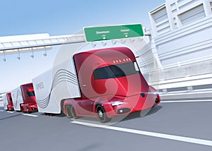 A fleet of self-driving electric semi trucks driving on highway