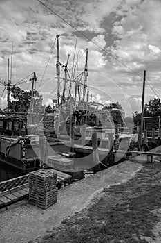 Fleet of shrimping boats docked along a river. black and white