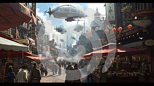 Steampunk Airships Over a Victorian Cityscape. Resplendent. photo