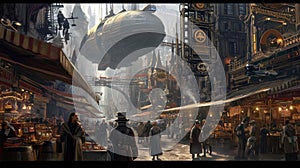 Steampunk Airships Over a Victorian Cityscape. Resplendent. photo